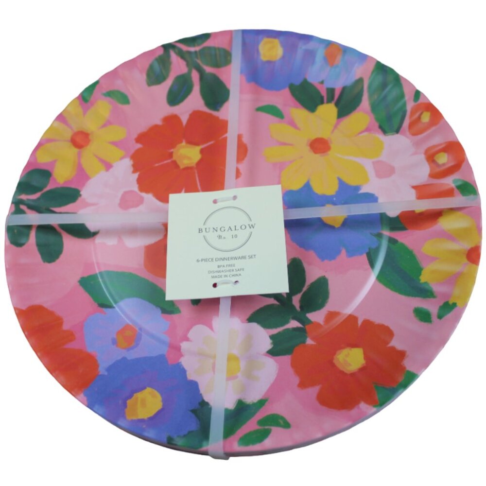 Bungalow No 10 Melamine Dinner Plates Pink Flower 10.5" Dinnerware Set of 6 NWT